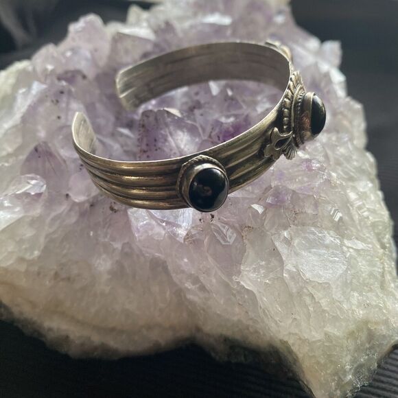 Vintage Sterling Silver Triple Onyx Stone Cuff Bracelet. Trading Post. 925. - Picture 2 of 16